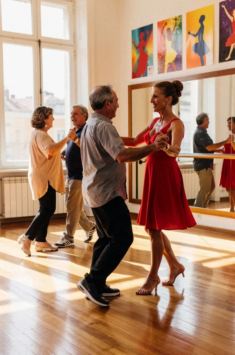 Dancers engaging in group sessions to enhance memory.